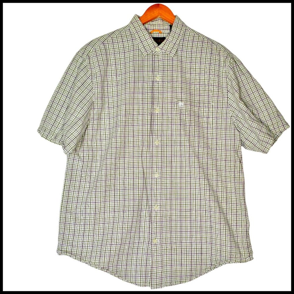 Timberland Plaid White Green Button Down shirt‎ size L Large Short Sleeve